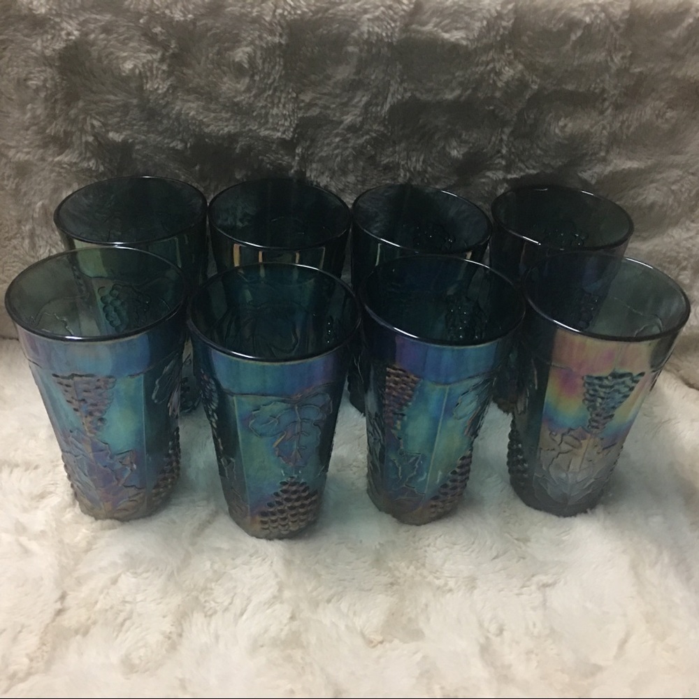 Blue Carnival Glass Pitcher and 8 Matching Glasses Glassware Vintage Glass Aqua